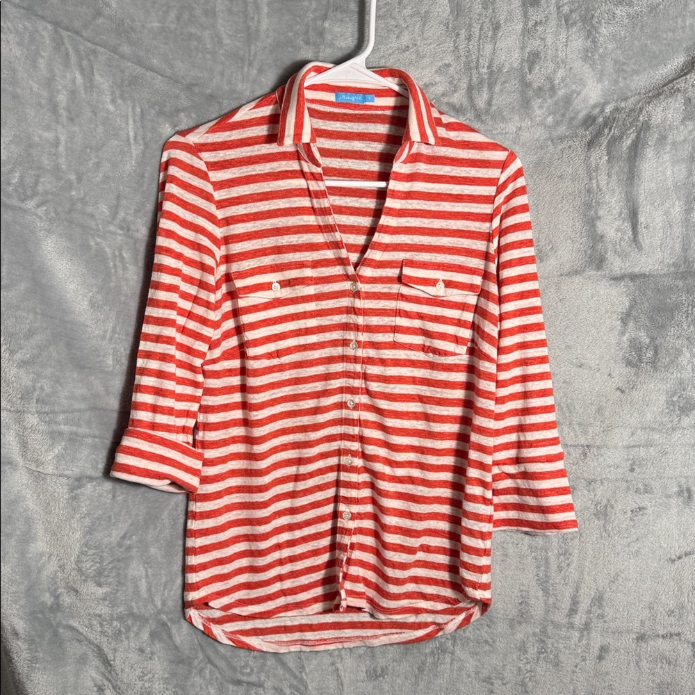 J McLaughlin top women’s small Red White Striped‎ Button-Up Shirt linen blend